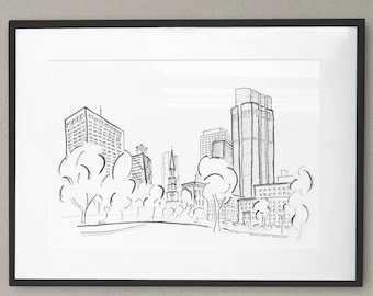 Boston Common Sketch Art Print | Minimalist Massachusetts Wall Decor | Black and White Landscape Drawing | New England Gift