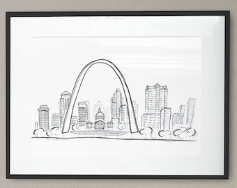 St. Louis Skyline Sketch Art Print | Minimalist Missouri Wall Decor | Black and White Architecture Drawing | Gateway Arch Gift