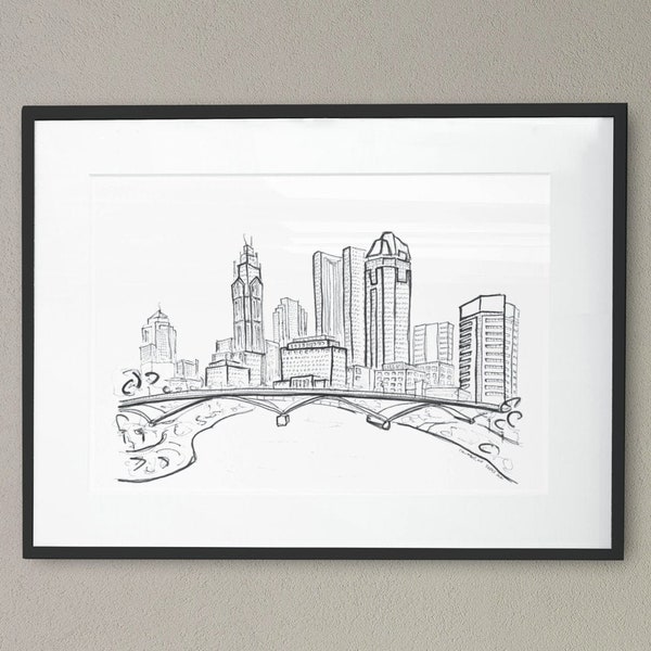 Columbus OH Skyline Sketch Art Print, Downtown Columbus Print, Scioto River, Columbus Waterfront, Black and White Sketch, Monochrome Decor