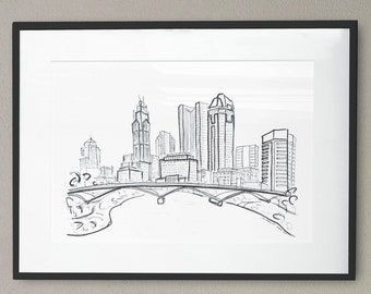 Columbus Skyline Sketch Art Print | Minimalist Ohio Wall Decor | Black and White Architecture Drawing | Midwest Hometown Gift