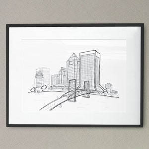 Jacksonville Skyline Sketch Art Print, Jacksonville FL Print, Jax Downtown Art, Black and White Sketch, Monochrome Decor