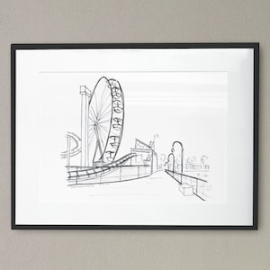 Santa Monica Pier Sketch Art Print, Santa Monica CA Print, Pacific Park Sketch, Black and White Sketch, Monochrome Decor