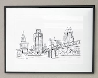 Cincinnati Skyline Sketch Art Print | Minimalist Ohio Wall Decor | Black and White Architecture Drawing | Queen City Gift