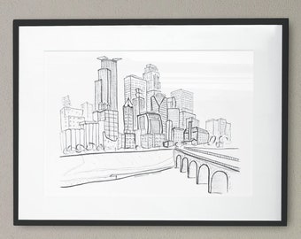Minneapolis Skyline Sketch Art Print, Downtown Minneapolis MN Print, Minneapolis Gift, Art Gift, Gifts under 15, For Her, For Him