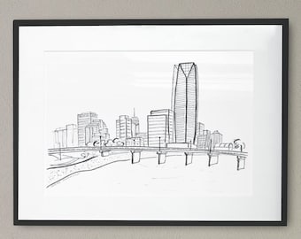 Oklahoma City Skyline Sketch Art Print | Minimalist Oklahoma Wall Decor | Black and White Architecture Drawing | OKC Hometown Gift