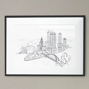 Pittsburgh Skyline Sketch Art Print, Golden Triangle Print, Pittsburgh Skyscrapers, Black and White Sketch, Monochrome Decor