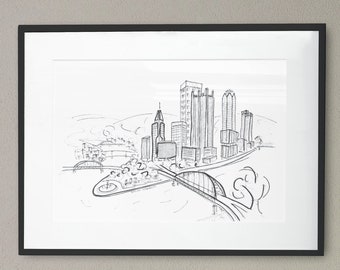 Pittsburgh Skyline Sketch Art Print, Golden Triangle Print, Pittsburgh Skyscrapers, Black and White Sketch, Monochrome Decor