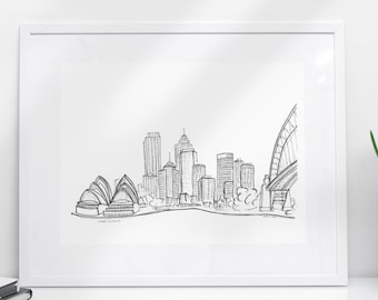 Sydney Skyline Sketch Art Print | Minimalist Australia Wall Decor | Black and White Architecture Drawing | Aussie Travel Gift