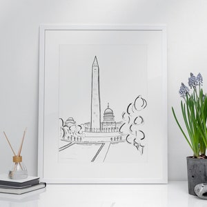 Washington Monument Washington DC Sketch Art Print, US Capitol, DC Print, National Mall, Black and White Sketch, Monochrome Decor
