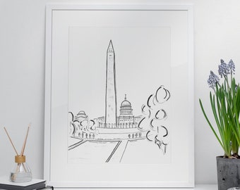 Washington Monument Sketch Art Print | Minimalist Washington DC Wall Decor | Black and White Architecture Drawing | Capital City Gift