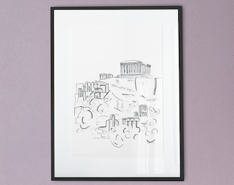 Athens Acropolis Sketch Art Print, Parthenon Print, Greece Art, Black and White Architecture Sketch, Monochrome Decor