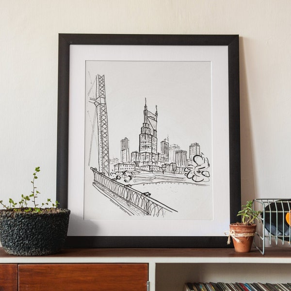 Nashville Skyline Sketch Art Print, Nashville Architecture Sketch, Tennessee City Print, Black and White Sketch, Monochrome Decor