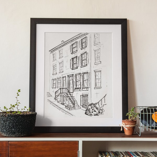 Philadelphia Row House Sketch Art Print, Philly Center City Print, Philadelphia Architecture Black and White Sketch, Monochrome Decor