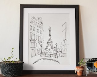 Paris Eiffel Tower Sketch Art Print, Paris France Print, Paris Boho Decor, Monochrome Decor