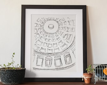 Rome Pantheon Sketch Art Print | Minimalist Italy Wall Decor | Black and White Architecture Drawing | Ancient Rome Travel Gift