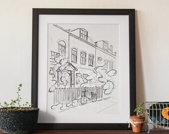 Copenhagen Street Sketch Art Print | Minimalist Denmark Wall Decor | Black and White Architecture Drawing | Scandinavian Travel Gift