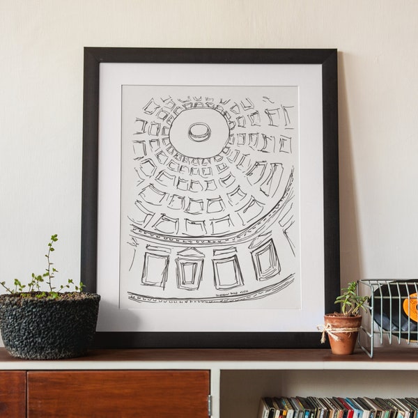 Rome Pantheon Sketch Art Print, Pantheon Print, Italy Wall Art, Rome Architecture, Black and White Sketch, Monochrome Decor