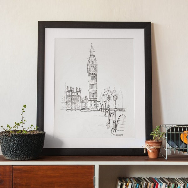 London Big Ben Sketch Art Print, Clock Tower, Westminster Bridge, Thames, UK, Architecture, Skyline, Black and White Print, Monochrome Decor