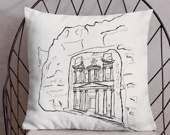 Petra Al-Khazneh Accent Pillow, Jordan Throw Pillow, Archaeological Site Decorative Pillow, Monochrome Decor, Petra Gift, For Her, For Him