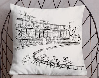 Keeneland Racetrack Line Art Pillow | Minimalist Equestrian Sketch Cushion (Black & White)