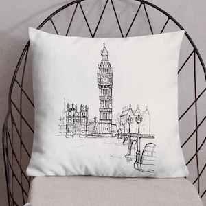 Big Ben Accent Pillow, London Throw Pillow, UK Decorative Pillow, Boho Art Pillow, Westminster Sketch, London Gift, For Her, For Him
