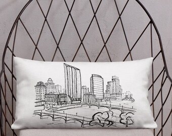 Grand Rapids Skyline Line Art Pillow | Minimalist Michigan Architecture Sketch (Black & White)