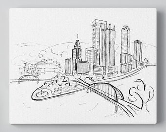 Pittsburgh Skyline Canvas Wall Art, Golden Triangle Canvas Print, Pittsburgh Black and White Sketch, Monochrome Decor
