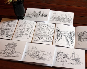 Assorted Greeting Cards Set of 5, City Sketch Cards, Multi-Purpose Cards, Monochrome Cards, Minimalist Cards, Boho Cards, For Her, For Him