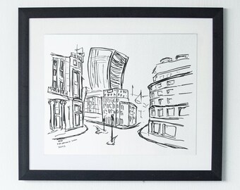 London King William Street Sketch Art Print, Walkie Talkie, London Print, London Architecture Black and White Sketch, Monochrome Decor