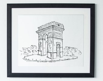 Paris Arc de Triomphe Sketch Art Print, Champs-Élysées, Paris France Wall Art, Architecture, Black and White Sketch, Monochrome Decor