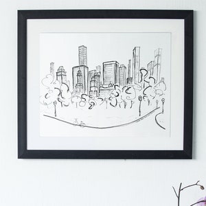 New York Central Park Art Print, New York City Skyline, Manhattan, NYC, Architecture Sketch, Black and White Sketch, Monochrome Decor