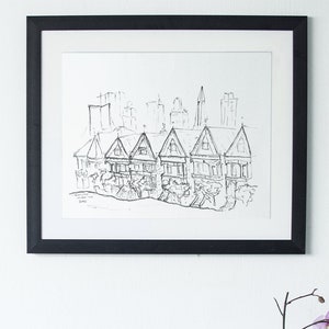 San Francisco Painted Ladies Sketch Art Print, SF Wall Art, SF City Architecture, Black and White Sketch, Monochrome Print