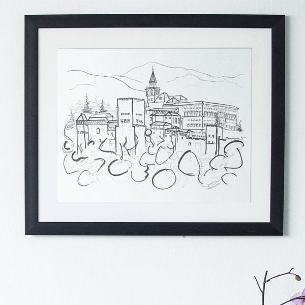 Granada Alhambra Sketch Art Print, Spain Architecture, Granada Print, Black and White Sketch, Monochrome Print