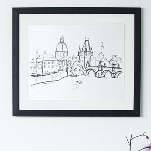 Prague Charles Bridge Sketch Art Print, Prague Sketch, Czech City Architecture Wall Art, Monochrome Decor, Black and White Art Print