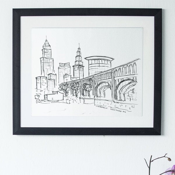 Cleveland Sketch Art Print, Cleveland Skyline, Bridge and Waterfront, Wall Art, Cleveland Print, Monochrome Decor