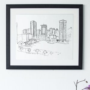 Baltimore Sketch Art Print, Inner Harbor Sketch, Baltimore Print, Black and White Sketch, Monochrome Decor