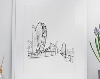 Santa Monica Pier Sketch Art Print | Minimalist California Wall Decor | Black and White Architecture Drawing | Los Angeles Beach Gift