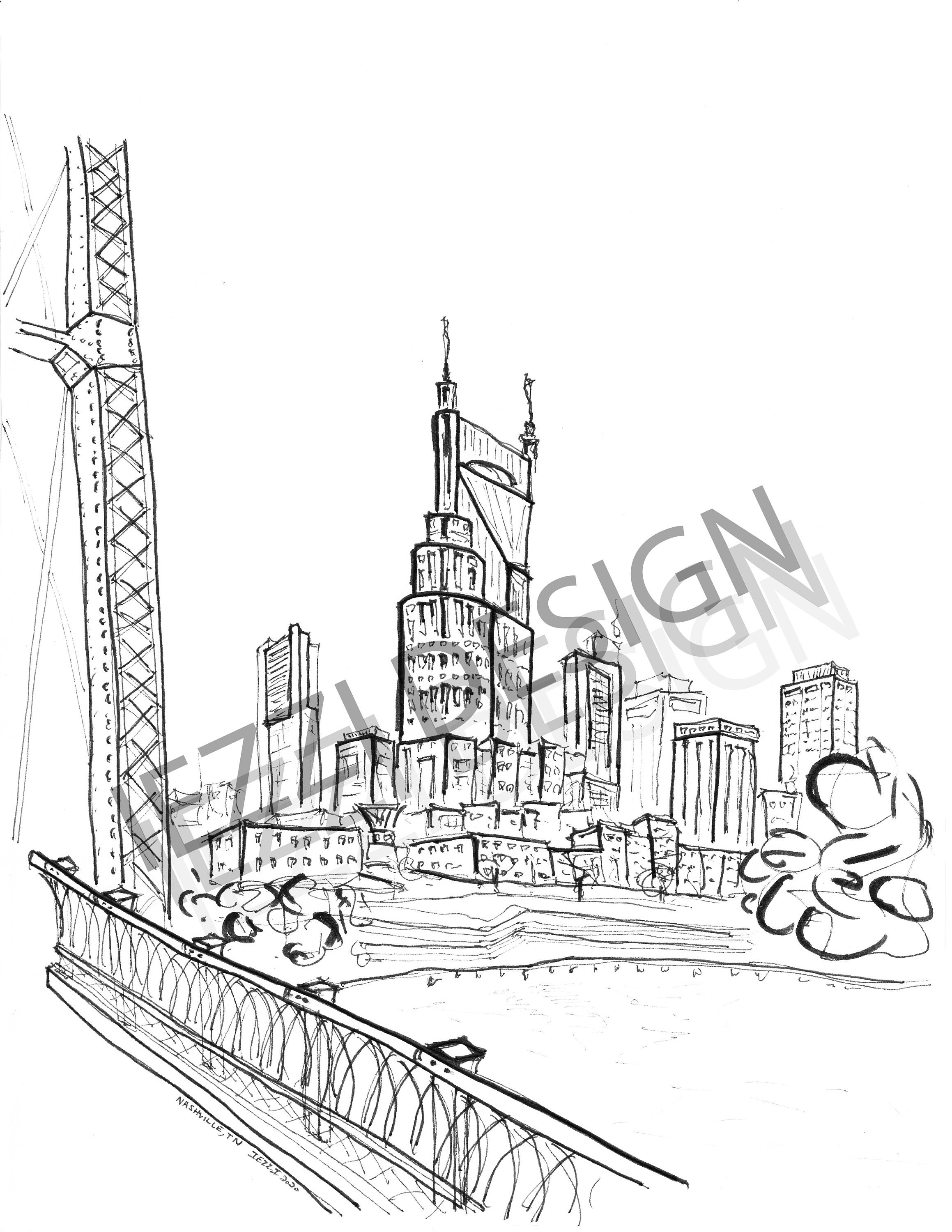 Nashville Skyline Sketch Art Print Nashville Architecture - Etsy México