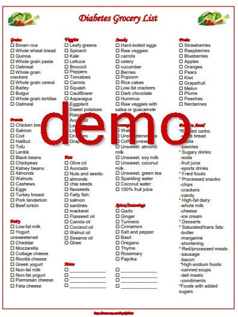 Diabetes Grocery Printable Shopping List Diabetic PDF Instant Download Etsy