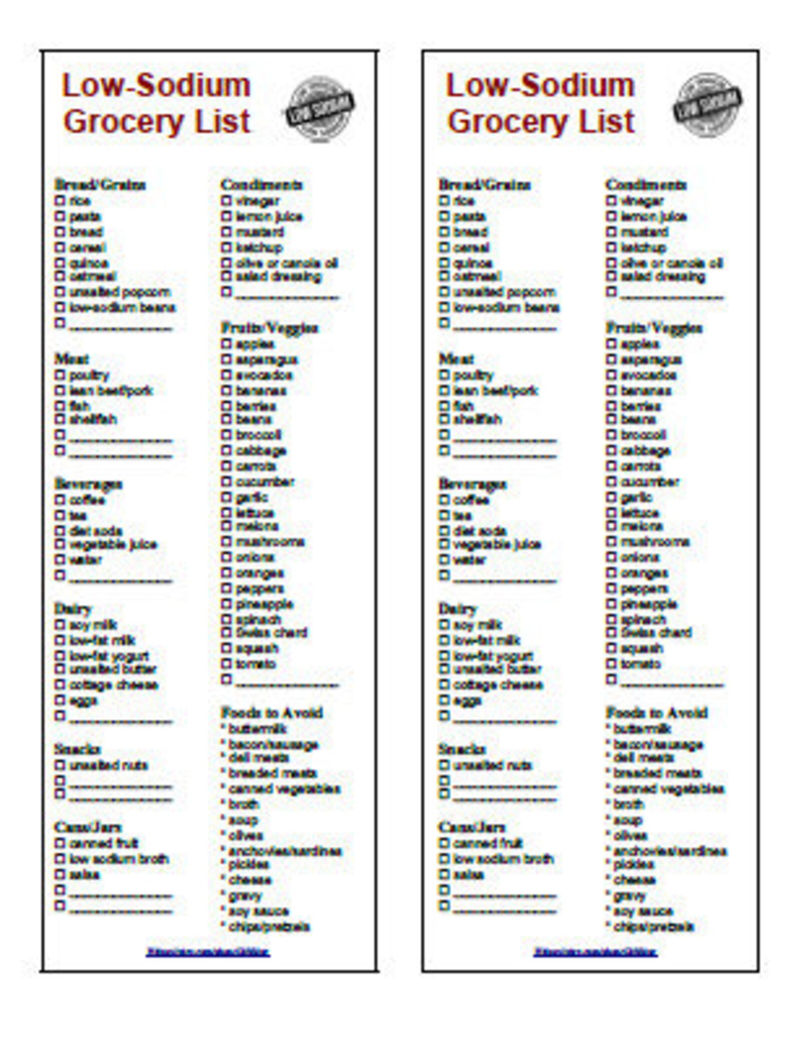 Low Sodium Grocery List Printable