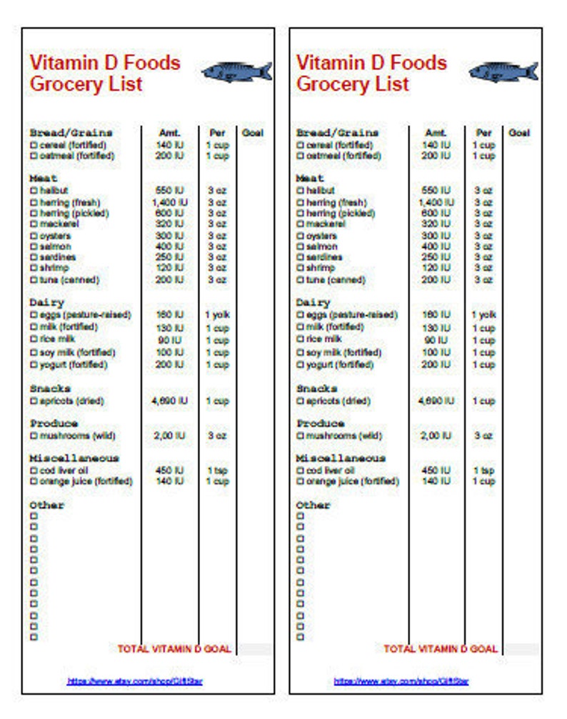 vitamin d grocery shoppin foods list printble 2 in 1 pdf