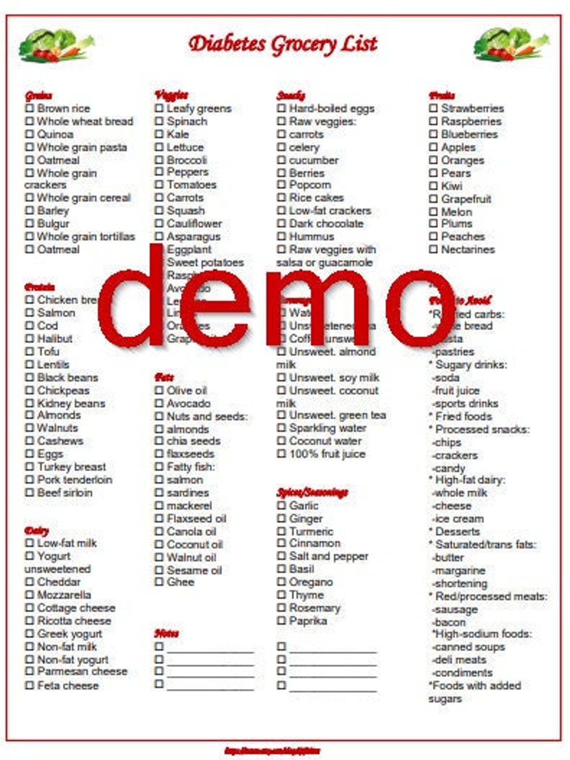 Diabetes Grocery Editable and Printable Shopping List 2 in 1 PDF &amp; DOC ...
