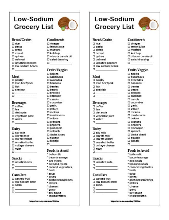 Low Sodium Grocery List Printable Instant Download | Etsy