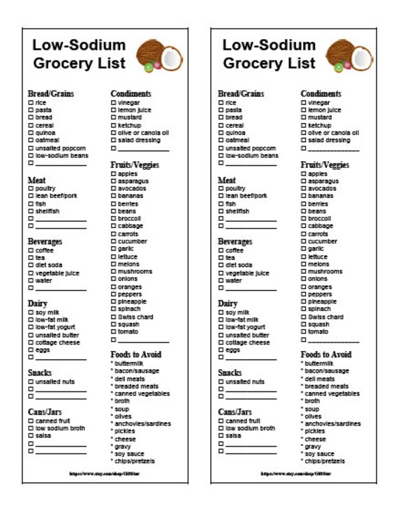 Low Sodium Grocery List Printable Instant Download | Etsy