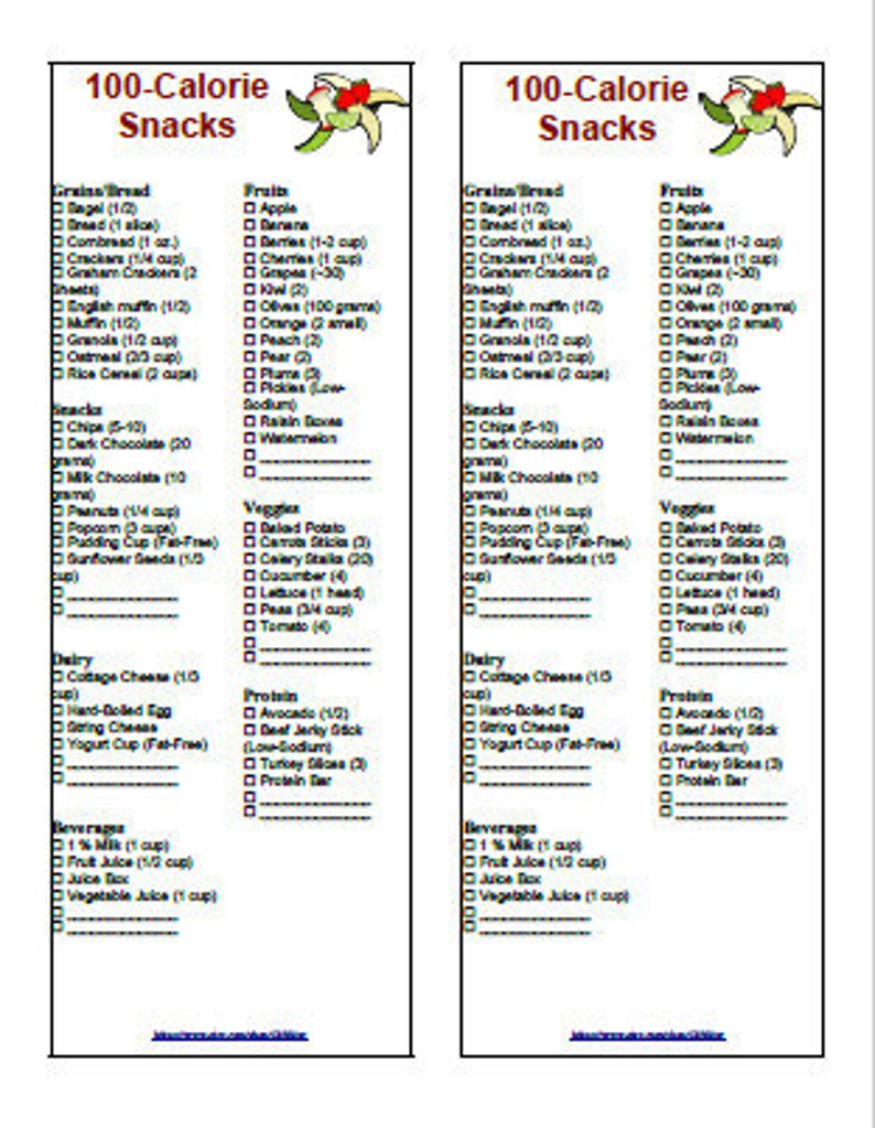 100-Calorie Snack Shopping Grocery Food List Pruntable Instant | Etsy