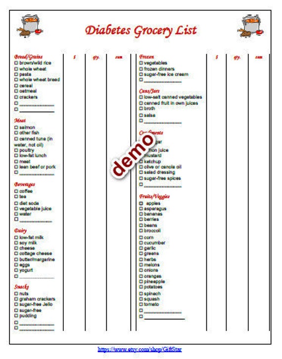 editable diabetes grocery list with prices printable instant etsy