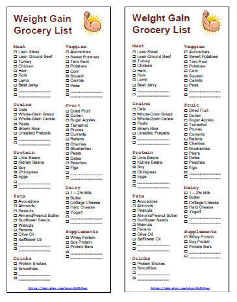 weight gain healthy grocery shopping list 2 in 1 printable pdf etsy