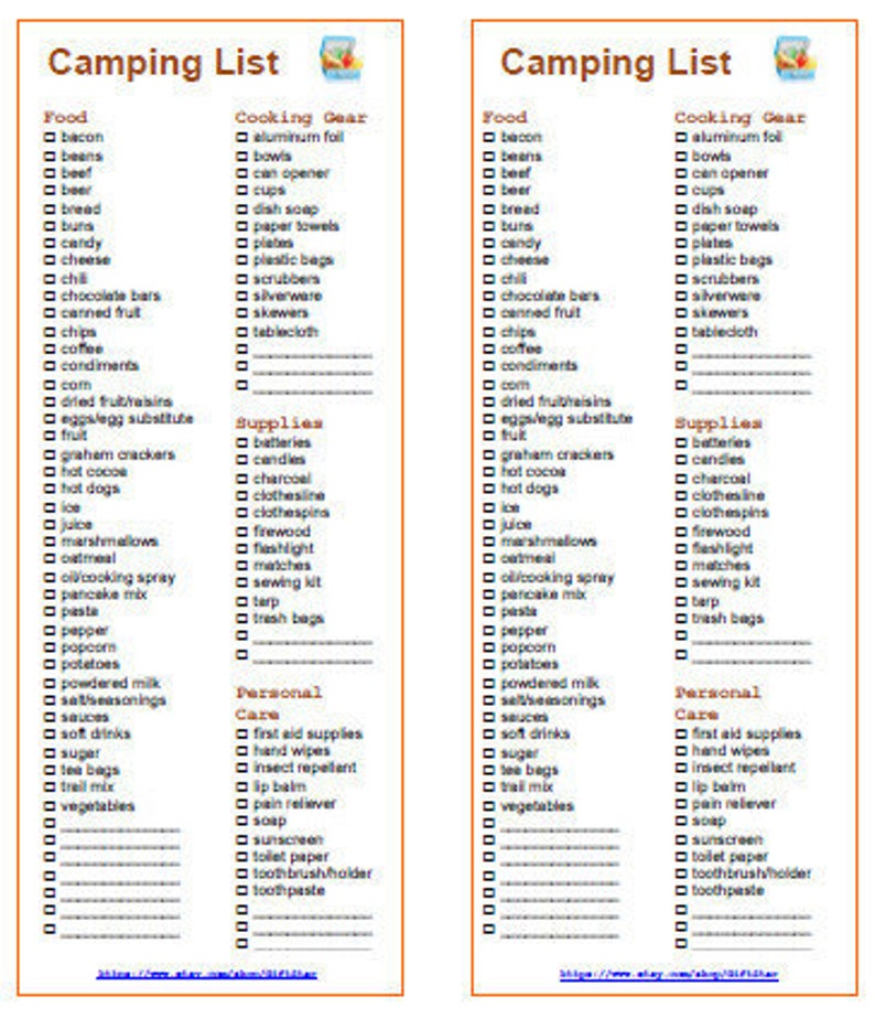 grocery shopping list for camping 2 in 1 pdf printable etsy