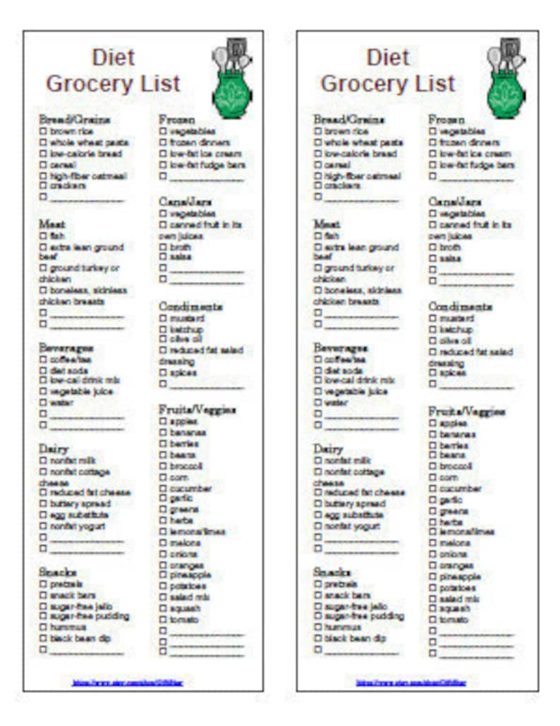 diet lose weight grocery list printable 2 in 1 pdf etsy