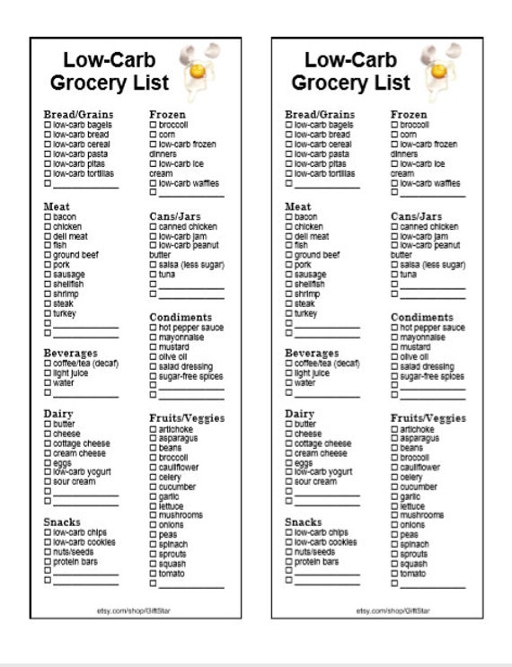 Printable Low Carb Carbohydrate Grocery Shopping List Instant | Etsy